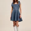 A Line Fit and Flare Diamond Bow Ribbon Denim Dres - Denim