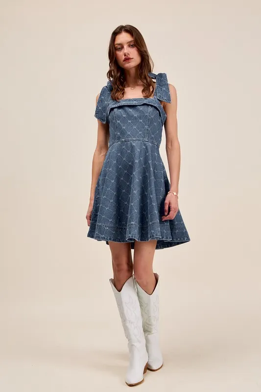 A Line Fit and Flare Diamond Bow Ribbon Denim Dres - Denim
