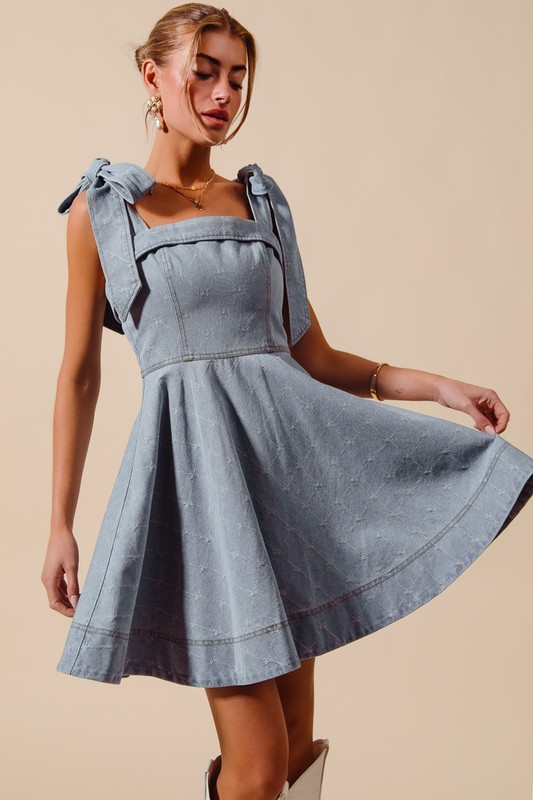 A Line Fit and Flare Diamond Bow Ribbon Denim Dres - Lt Denim