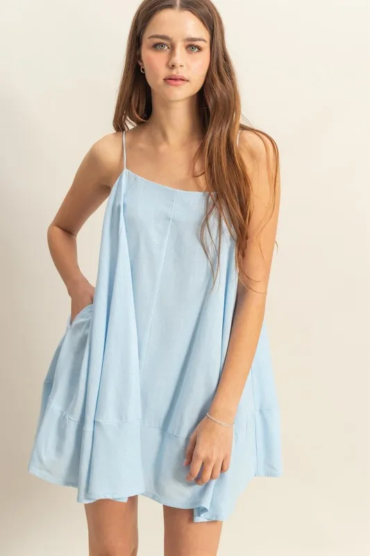 A-Line Flowy Mini Cami Dress with Pockets - L.Blue
