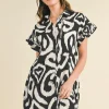 Abstract Printed Frill Sleeve Shirt Mini Dress - Black