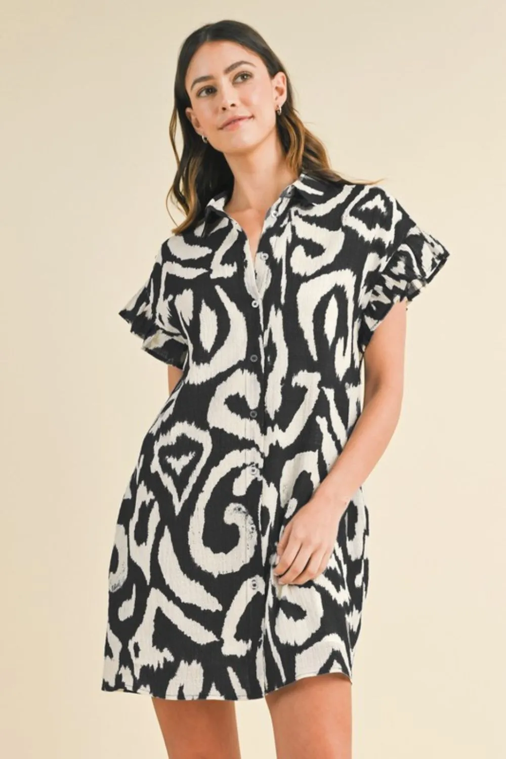 Abstract Printed Frill Sleeve Shirt Mini Dress - Black