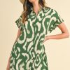Abstract Printed Frill Sleeve Shirt Mini Dress - Green