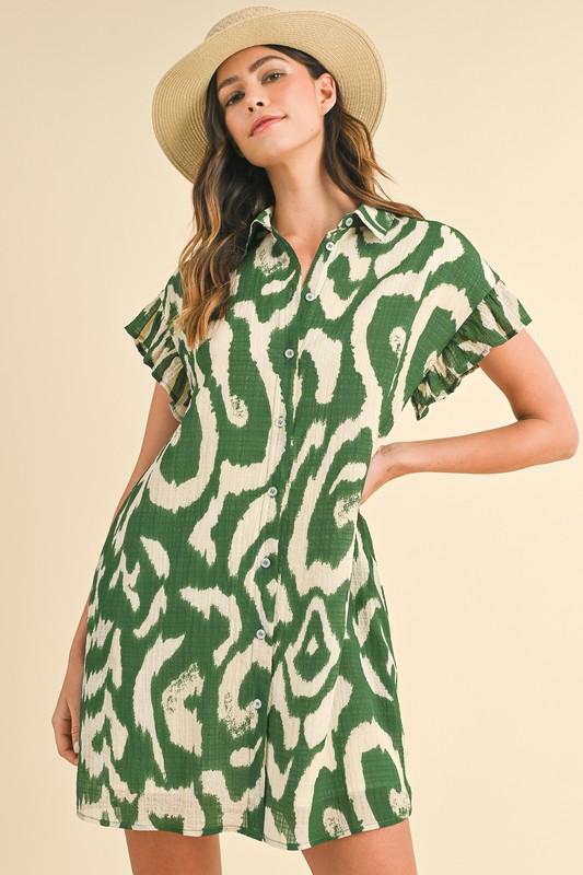 Abstract Printed Frill Sleeve Shirt Mini Dress - Green
