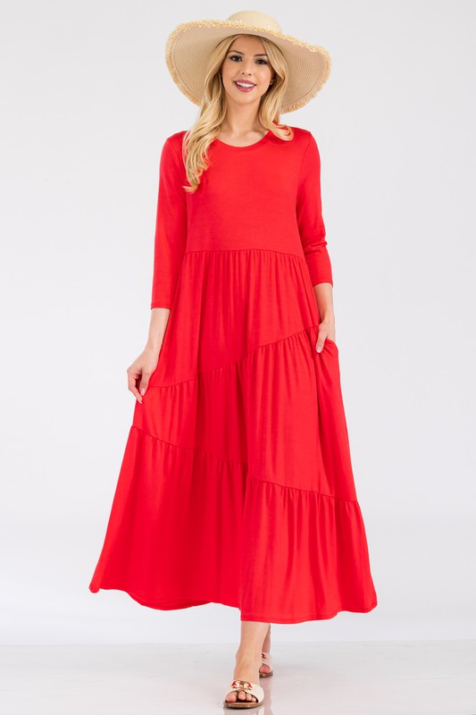 Asymmetric Tiered Midi-Dress - Dk Coral