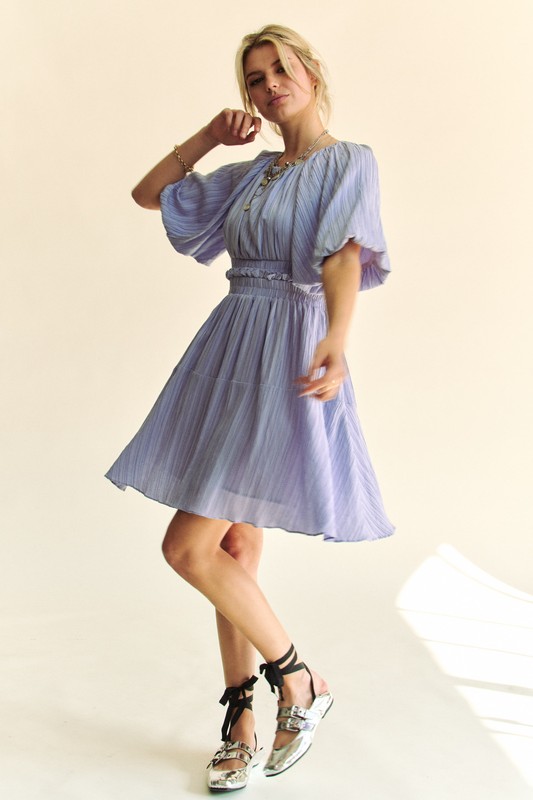 Back Button Puff Sleeve Mini Dress - Lavender
