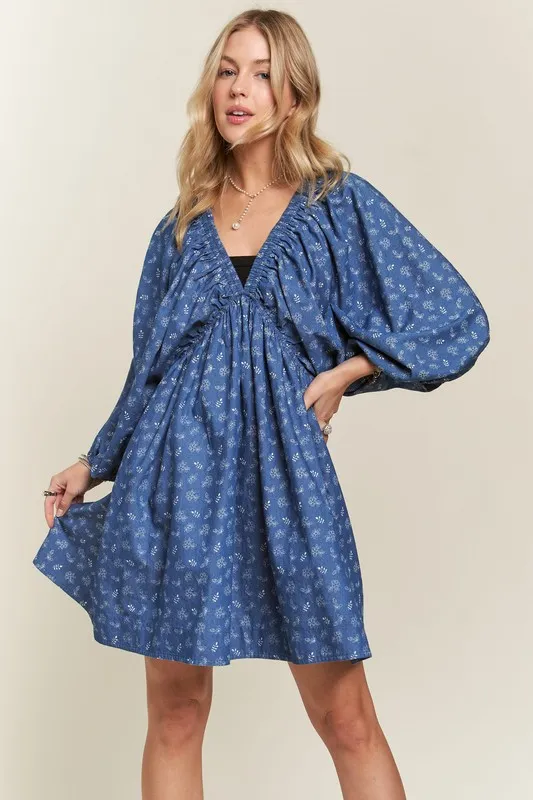 Batwing-Sleeves-Floral-Dress-DenimWhite-2