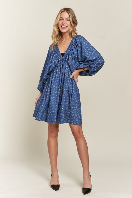 Batwing Sleeves Floral Dress - Denim/White