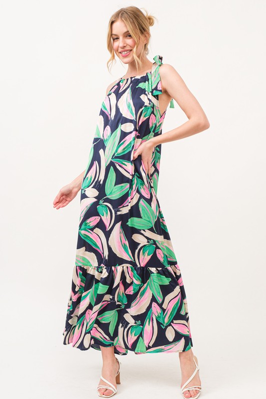 Botanical Printed Halterneck Tiered Maxi Dress - Navy