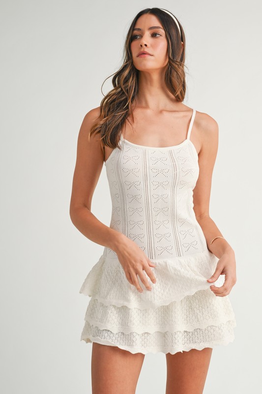 Bow Pointelle Knit Ruffle Mini Dress - Off White