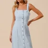 Button Down Pocket Front Pinafore Dress - Lt Denim