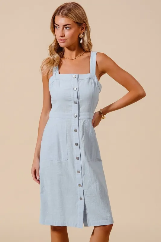 Button Down Pocket Front Pinafore Dress - Lt Denim