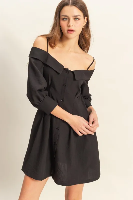 Button Down Spaghetti Strap Mini Dress with Pockets - Black