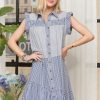 Button Down Textured Babydoll Dress - Blue