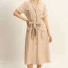 Button Front Belted Safari Midi Dress - Beige
