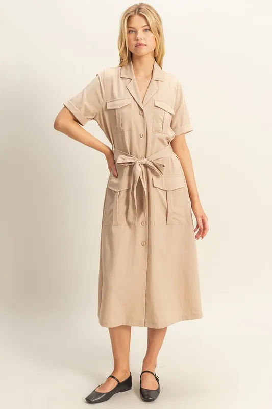 Button Front Belted Safari Midi Dress - Beige