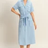 Button Front Belted Safari Midi Dress - Blue