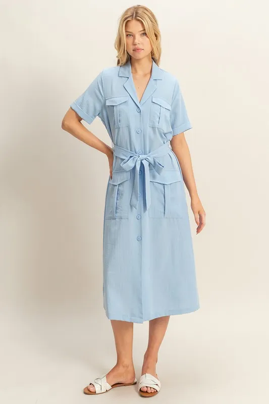 Button Front Belted Safari Midi Dress - Blue