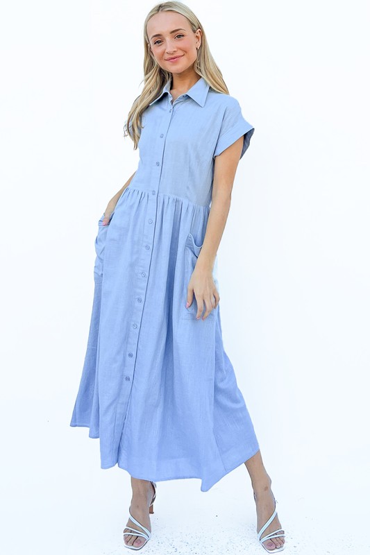 Cap Sleeve Front Pockets Shirt Dress - Blue