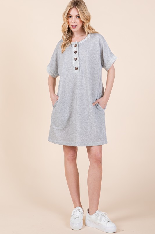 Casual Contrast Trim Henley Dress - Grey