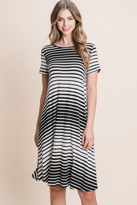 Casual Stripe Round Neck Tee Dress - As Shown