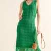Checkerboard Drop-Needle Fringe Sleeveless Dress - Green