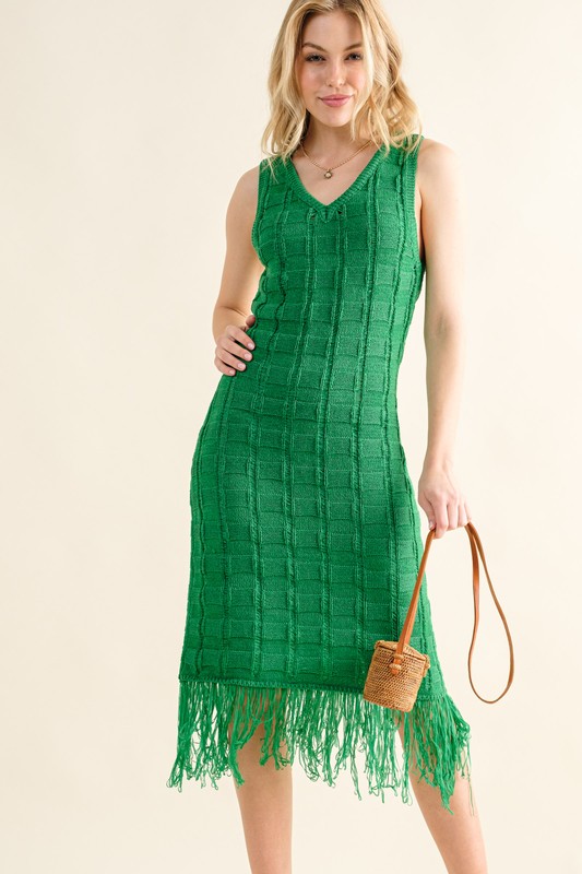 Checkerboard Drop-Needle Fringe Sleeveless Dress - Green