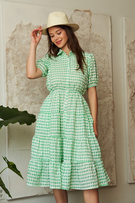 Checkered Puff Sleeve Tiered Shirt Dress - Green