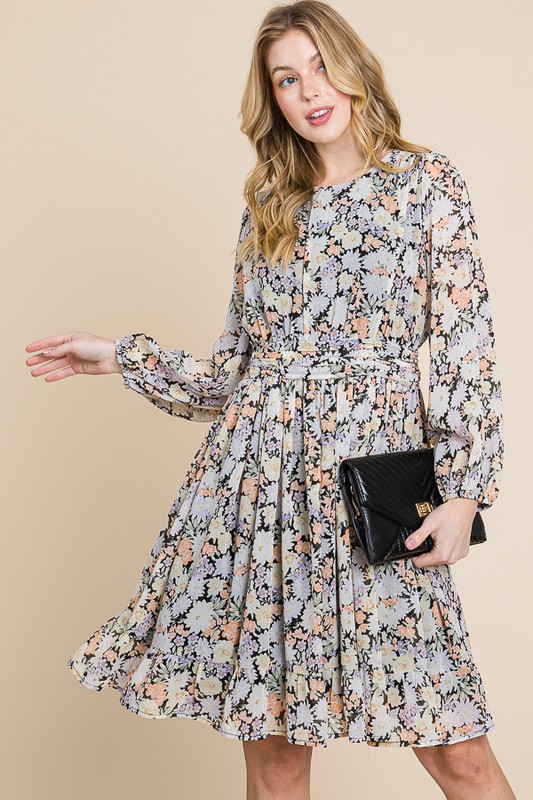 Chiffon Floral Print Belted Dress with Back Zipper - Black Floral