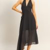 Chiffon Halter Asymmetrical Hem Dress - Black