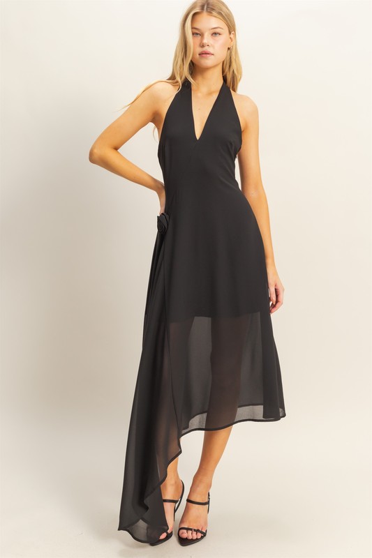 Chiffon Halter Asymmetrical Hem Dress - Black
