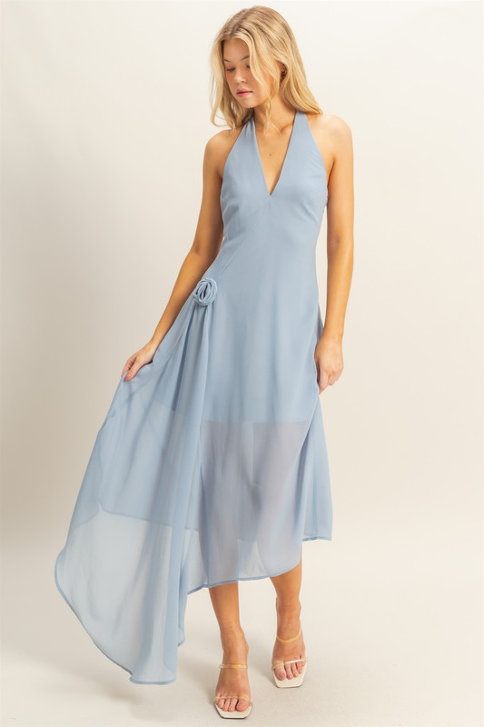 Chiffon Halter Asymmetrical Hem Dress - Dusty Blue