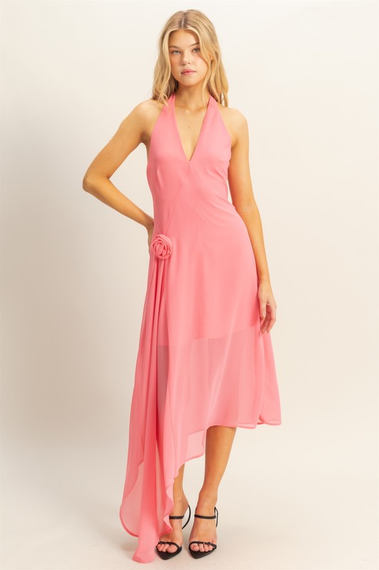 Chiffon Halter Asymmetrical Hem Dress - Rose