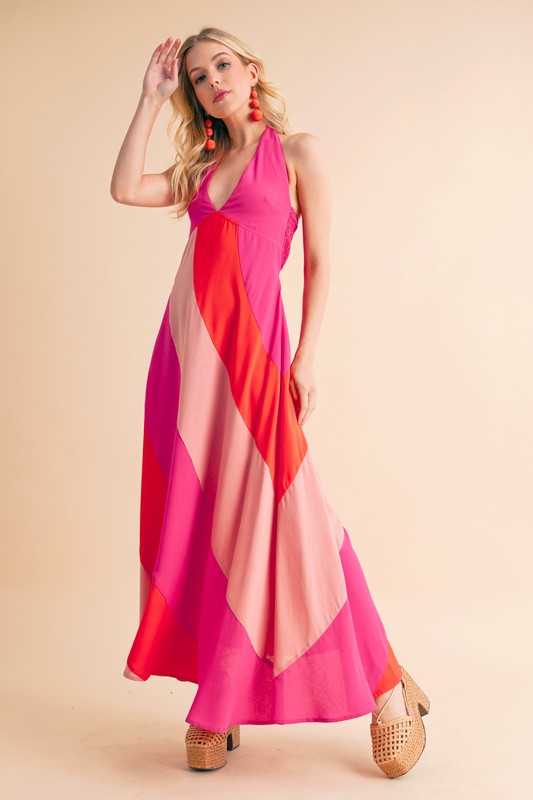 Color Block Sleeveless Maxi Dress - Pink Combo