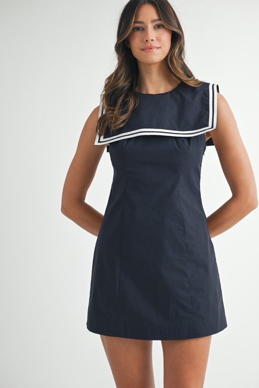 Contrast Piping Square Sailor Collar Mini Dress - Navy