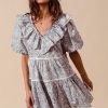 Cotton Printed Ruffle V Neckline Dress with Side Tie - Off White/Navy