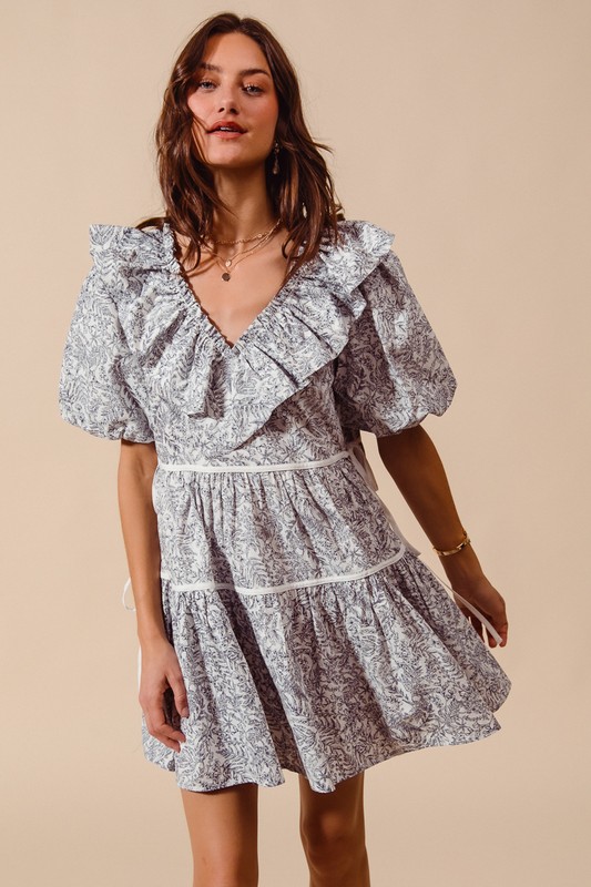 Cotton Printed Ruffle V Neckline Dress with Side Tie - Off White/Navy