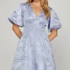 Crinkle Woven V-Neck Balloon Sleeve Mini Dress - Light Blue
