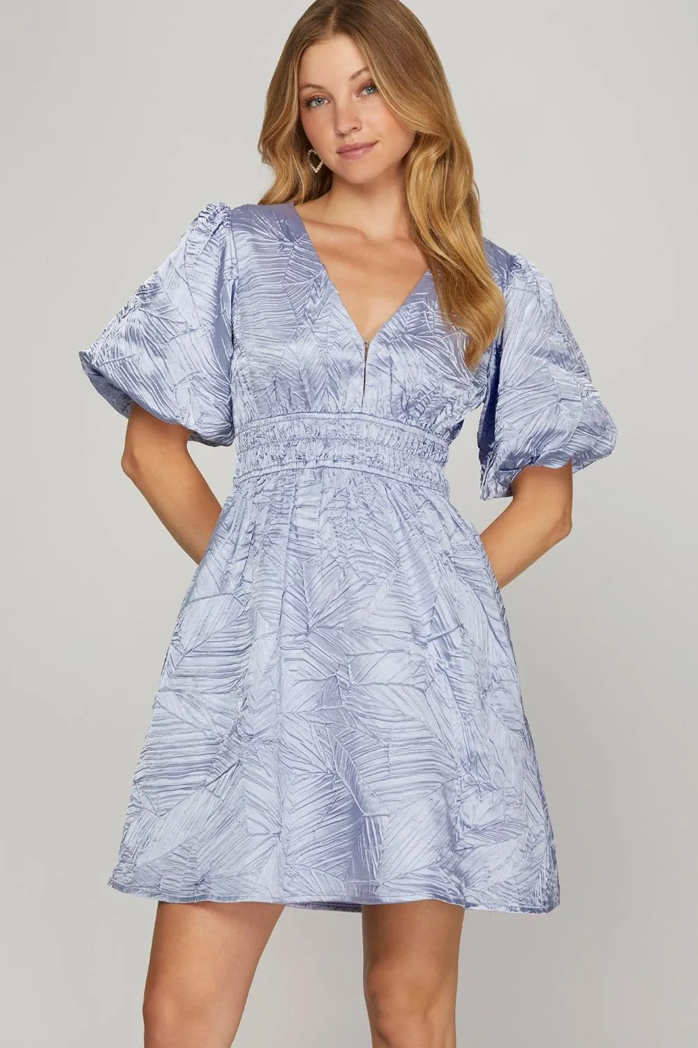 Crinkle Woven V-Neck Balloon Sleeve Mini Dress - Light Blue