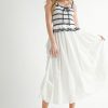 Crochet Stripe Knit Eyelet Mix Midi Dress - Off White