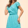 Crossed Back Short Sleeve Dress with Pockets - Aqua Blue