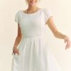 Crossed Back Short Sleeve Dress with Pockets - White