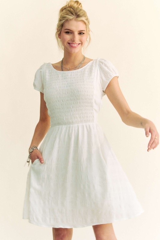 Crossed Back Short Sleeve Dress with Pockets - White