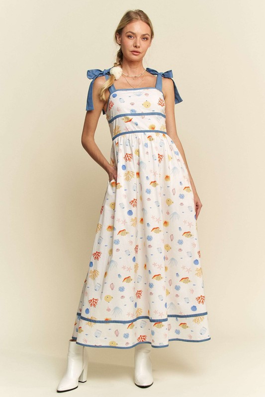 Denim Binding Detail Smocking Summer Maxi Dress - Denim Combo