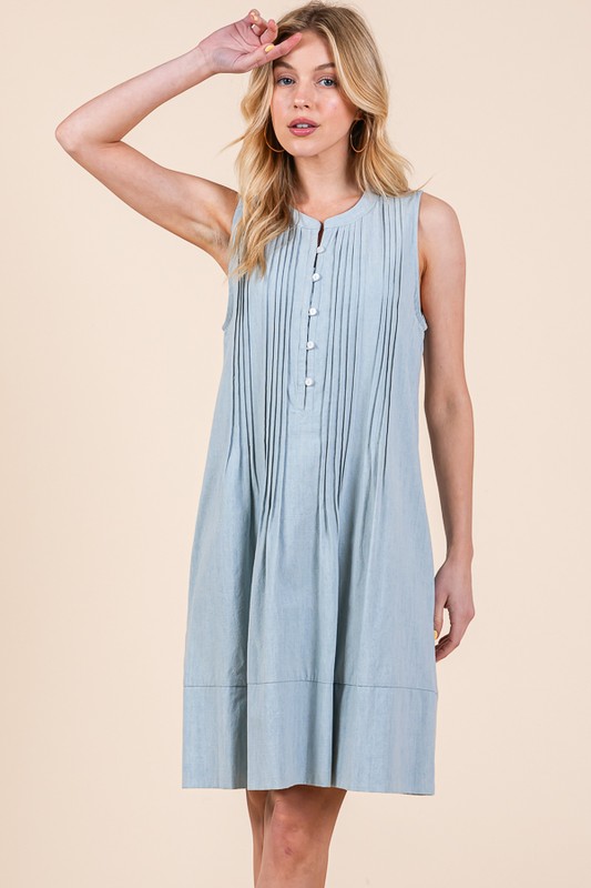 Denim Pintuck Detail Sleeveless Midi Dress - Lt Denim