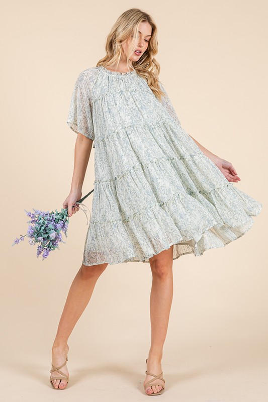 Ditsy Floral Print Sheer Ruffle Detail Mini Dress - Ivory Combo