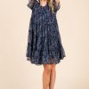 Ditsy Floral Print Sheer Ruffle Detail Mini Dress - Navy Combo
