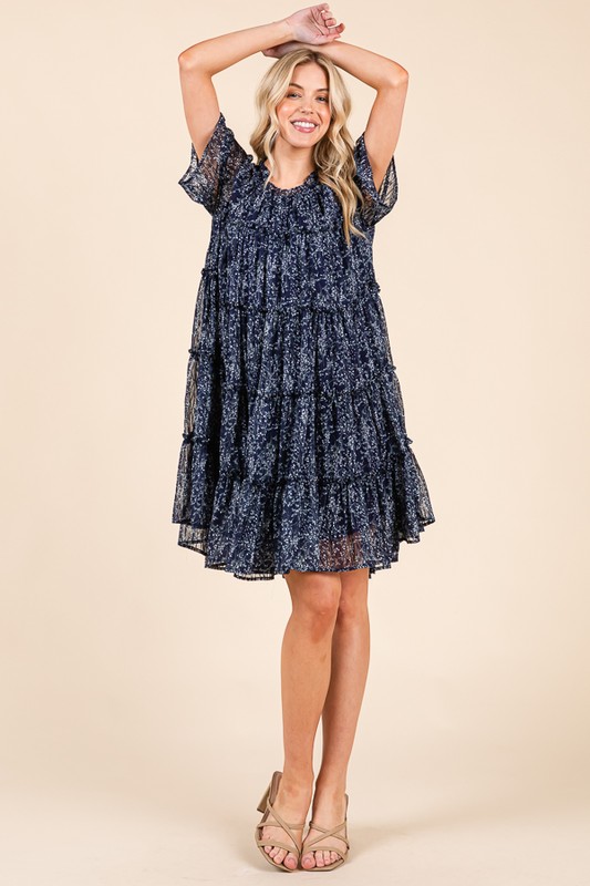 Ditsy Floral Print Sheer Ruffle Detail Mini Dress - Navy Combo
