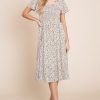 Ditsy Leopard Print Square Neck Smocked Midi Dress - Ivory