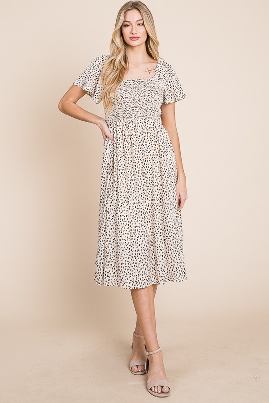 Ditsy Leopard Print Square Neck Smocked Midi Dress - Ivory